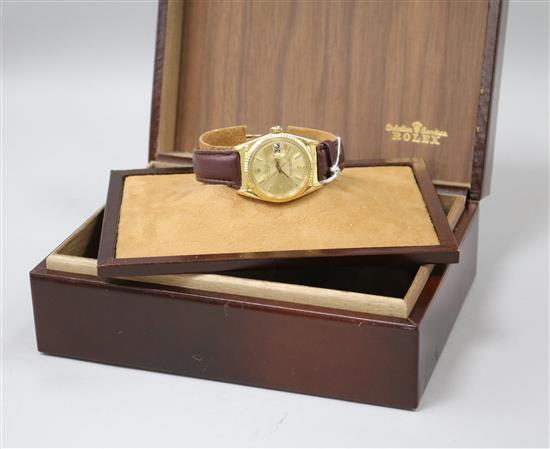 A gentlemans 1970s 18ct gold Rolex Oyster Perpetual Datejust wrist watch with box and papers,